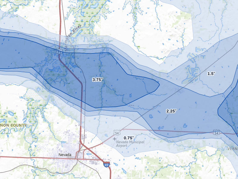 NEXRAD radar-signature map of the hail over Nevada, MO