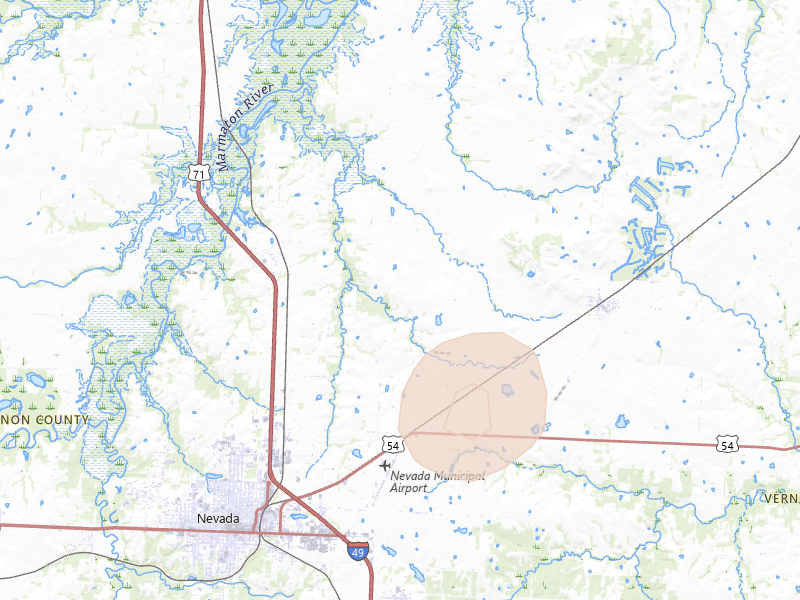 Radar-estimated hail-size map of the storm over Nevada, MO on May 30, 2026