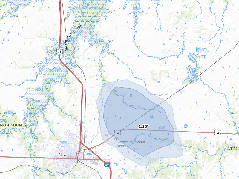 NEXRAD radar-signature map of the hail storm over Nevada, MO on May 30, 2026