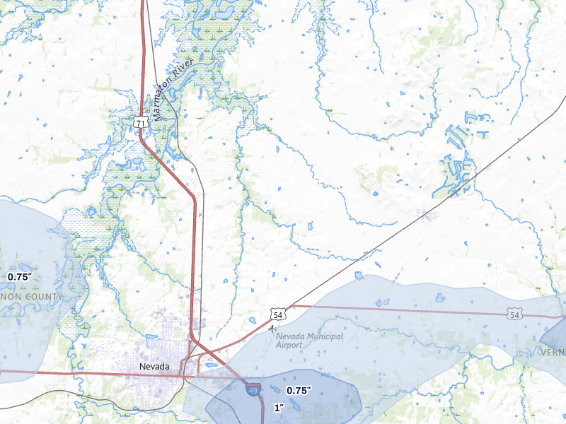 NEXRAD radar-signature map of the hail storm over Nevada, MO on May 31, 2026