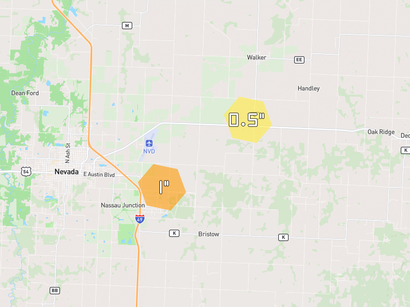 Hail map of Nevada, MO on Jun 1, 2026, hail up to 1"