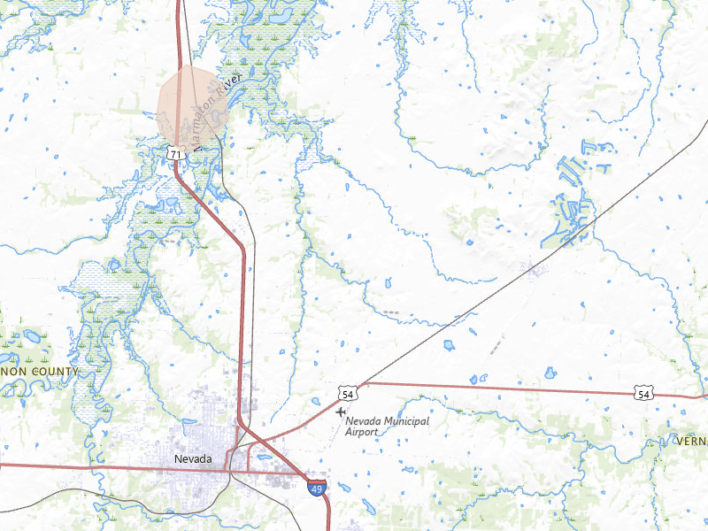 Radar-estimated hail-size map of the storm over Nevada, MO on Jul 4, 2026