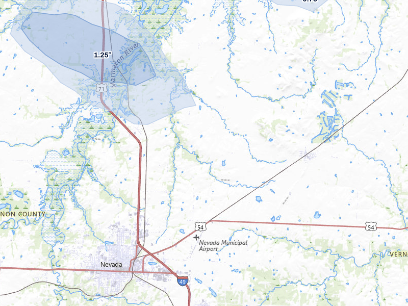 NEXRAD radar-signature map of the hail over Nevada, MO