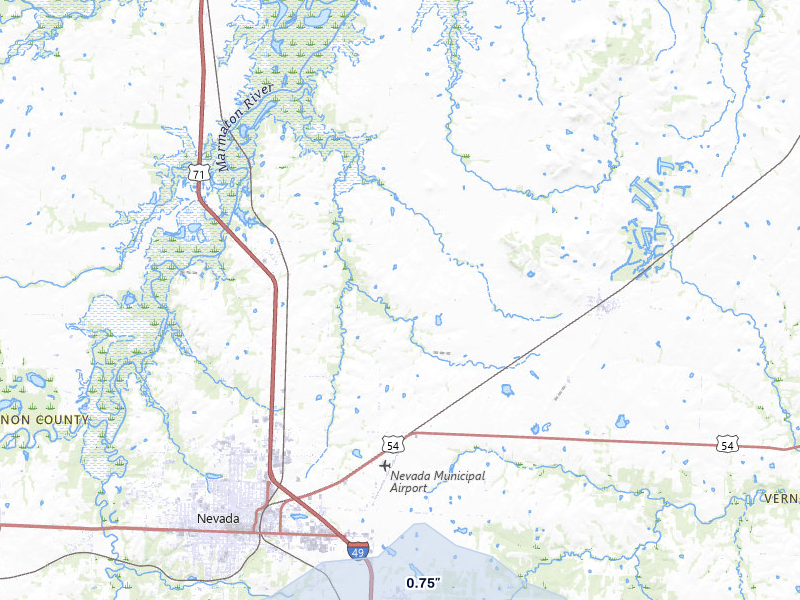 NEXRAD radar-signature map of the hail storm over Nevada, MO on Jul 10, 2026