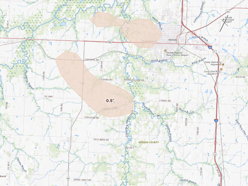 Radar-estimated hail-size map of the storm over Nevada, MO