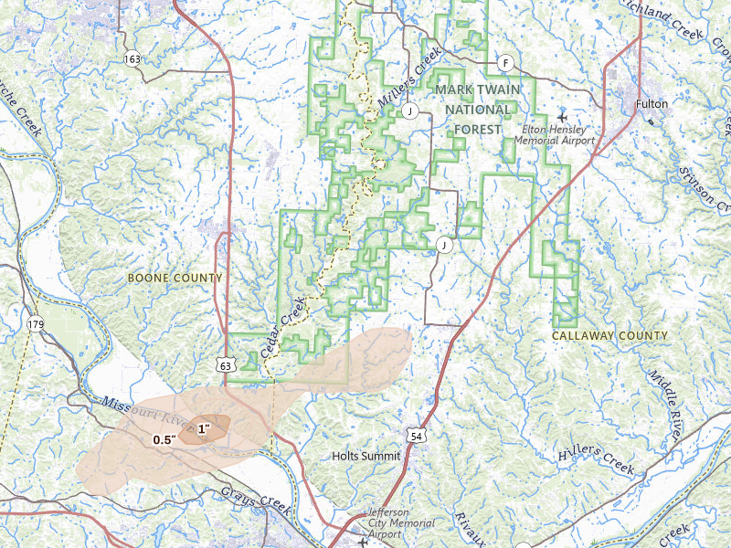Radar-estimated hail-size map of the storm over New Bloomfield, MO on Apr 27, 2026
