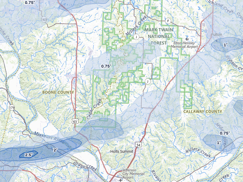 NEXRAD radar-signature map of the hail over New Bloomfield, MO