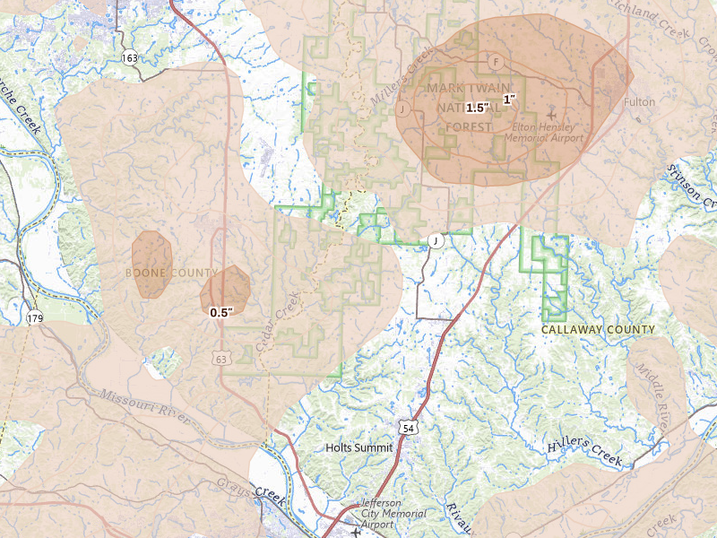 Radar-estimated hail-size map of the storm over New Bloomfield, MO on May 31, 2026