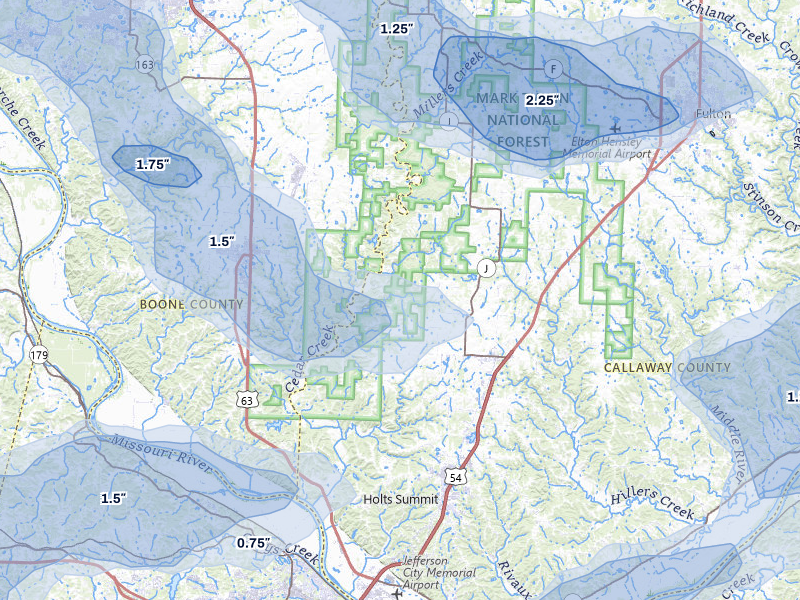 NEXRAD radar-signature map of the hail storm over New Bloomfield, MO on May 31, 2026