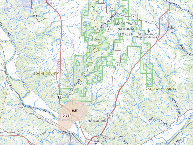 Radar-estimated hail-size map of the storm over New Bloomfield, MO on Jun 7, 2026