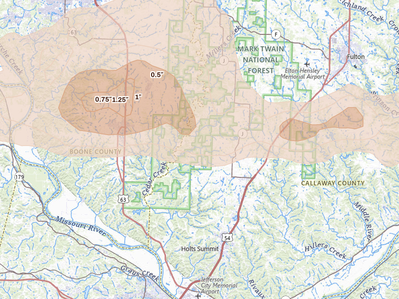 Radar-estimated hail-size map of the storm over New Bloomfield, MO on Jun 11, 2026
