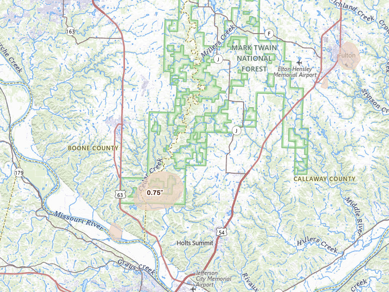 Radar-estimated hail-size map of the storm over New Bloomfield, MO on Jul 5, 2026