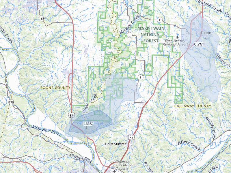 NEXRAD radar-signature map of the hail storm over New Bloomfield, MO on Jul 5, 2026