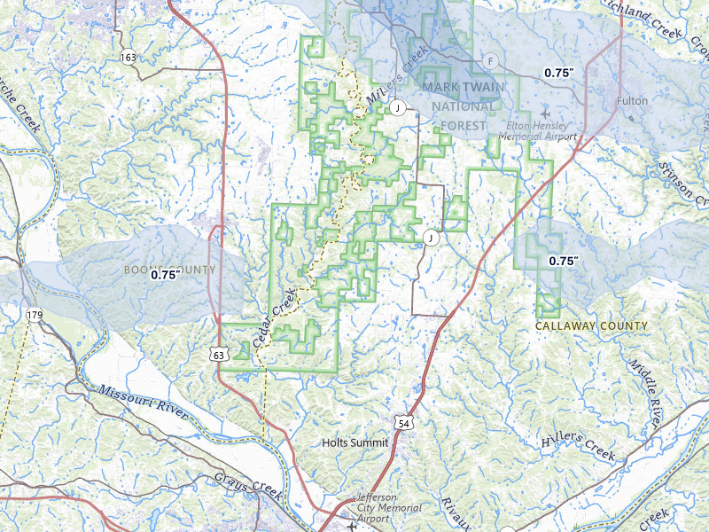 NEXRAD radar-signature map of the hail storm over New Bloomfield, MO on Jul 10, 2026