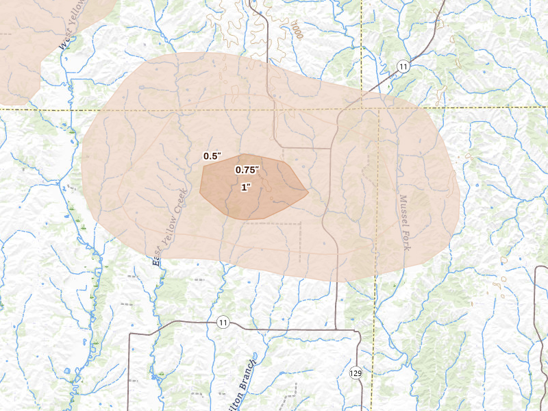 Radar-estimated hail-size map of the storm over New Boston, MO on Aug 19, 2026