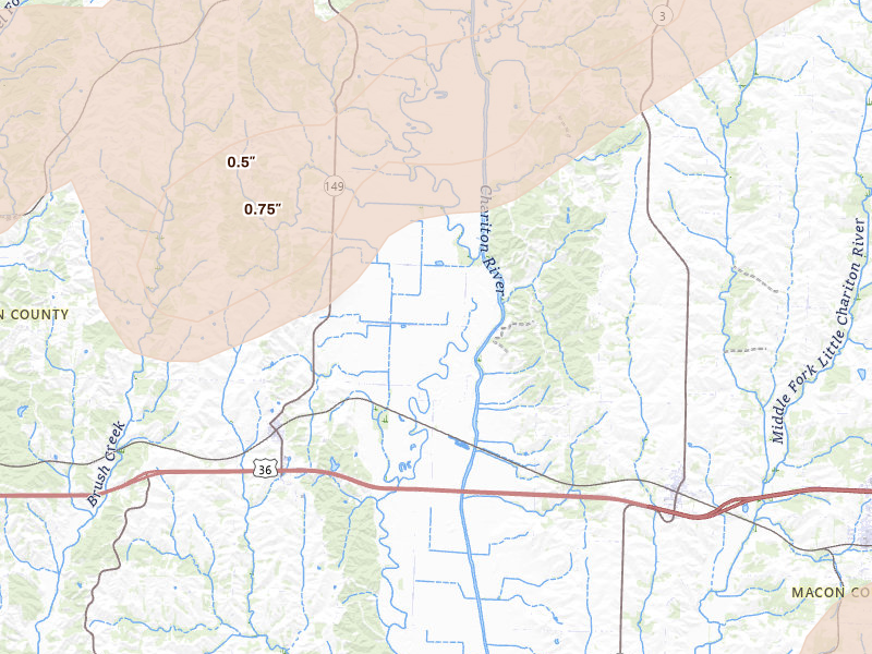 Radar-estimated hail-size map of the storm over New Cambria, MO on Mar 10, 2026