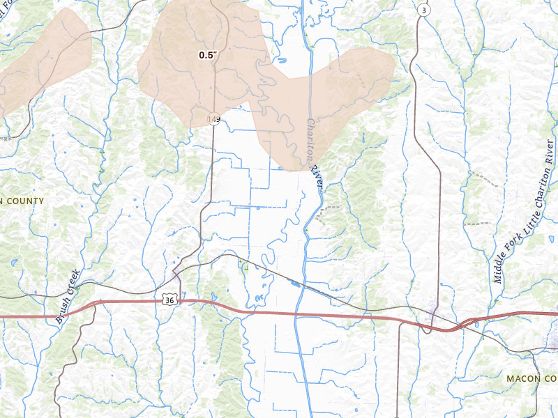 Radar-estimated hail-size map of the storm over New Cambria, MO on Apr 17, 2026