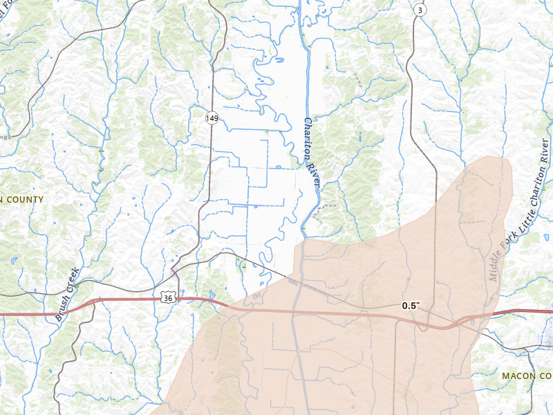 Radar-estimated hail-size map of the storm over New Cambria, MO on Apr 26, 2026