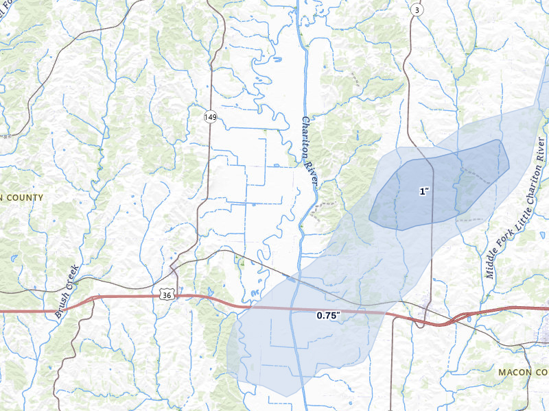 NEXRAD radar-signature map of the hail over New Cambria, MO