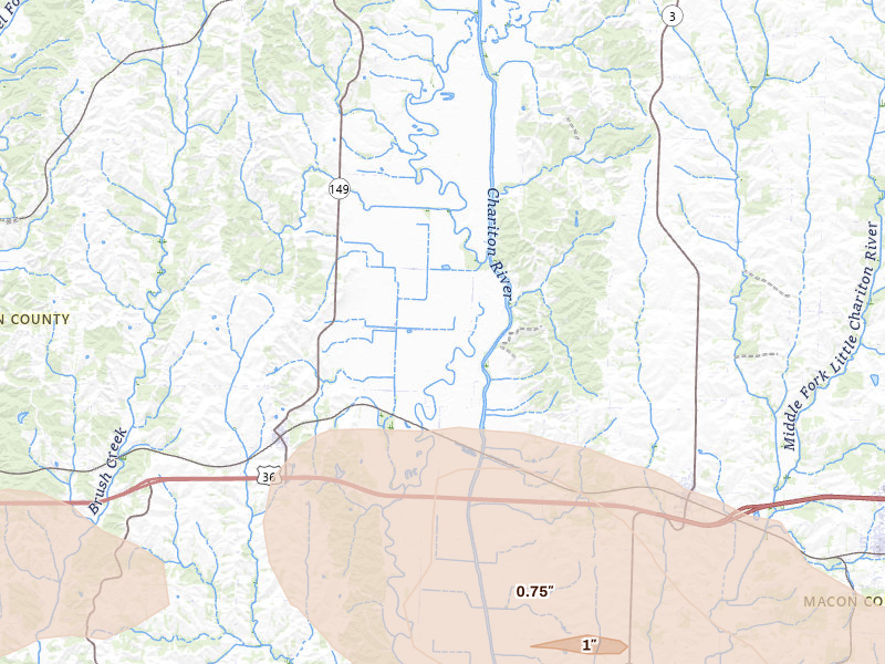 Radar-estimated hail-size map of the storm over New Cambria, MO on May 4, 2026