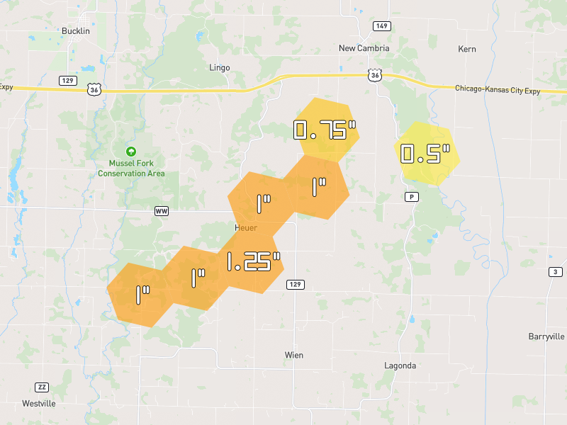 Hail map of New Cambria, MO on Jun 1, 2026, hail up to 1.25"