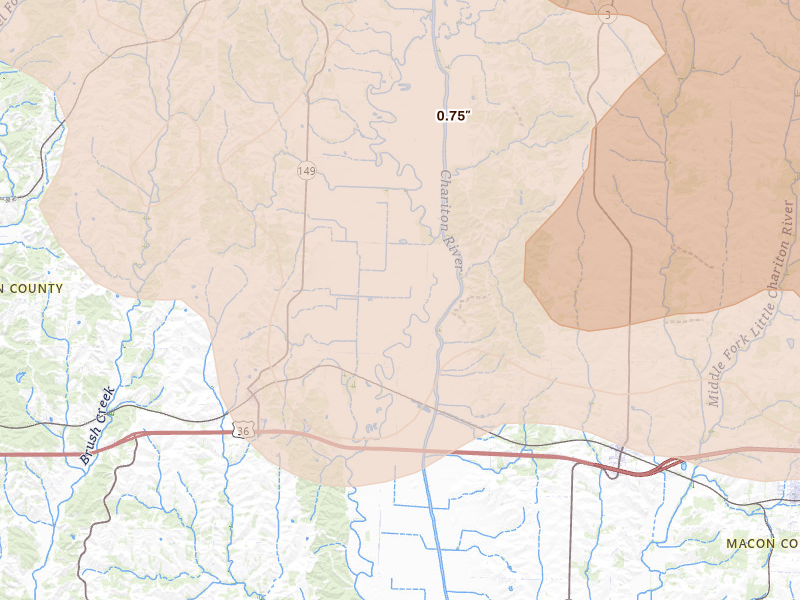 Radar-estimated hail-size map of the storm over New Cambria, MO on Jun 11, 2026