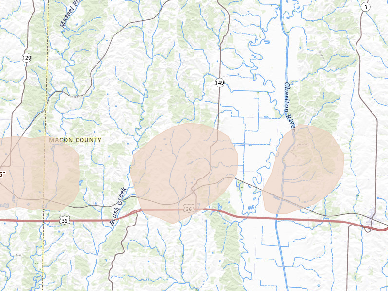 Radar-estimated hail-size map of the storm over New Cambria, MO on Aug 5, 2026