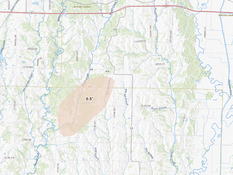 Radar-estimated hail-size map of the storm over New Cambria, MO