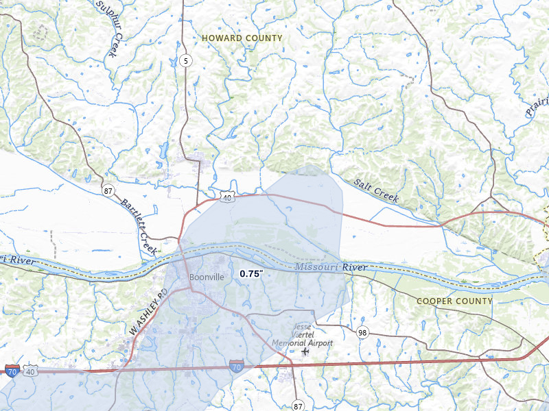 NEXRAD radar-signature map of the hail over New Franklin, MO