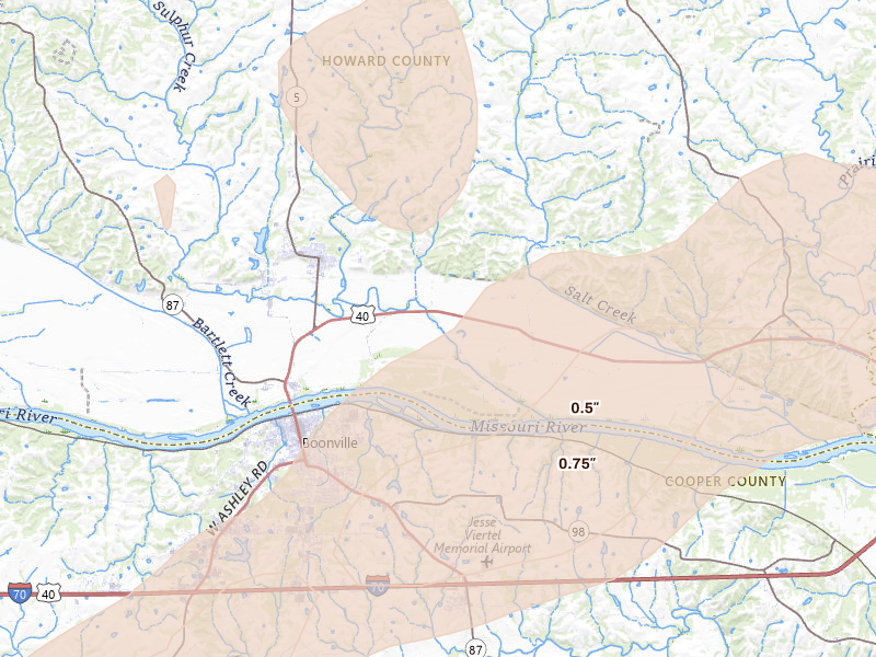 Radar-estimated hail-size map of the storm over New Franklin, MO on Apr 27, 2026