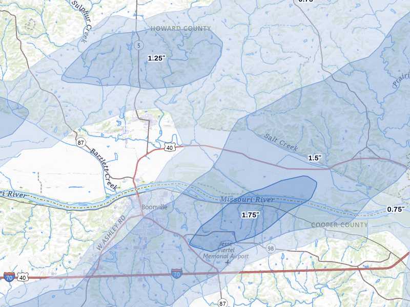 NEXRAD radar-signature map of the hail over New Franklin, MO