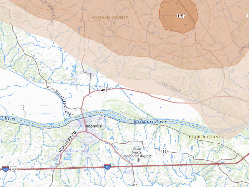 Radar-estimated hail-size map of the storm over New Franklin, MO on May 31, 2026