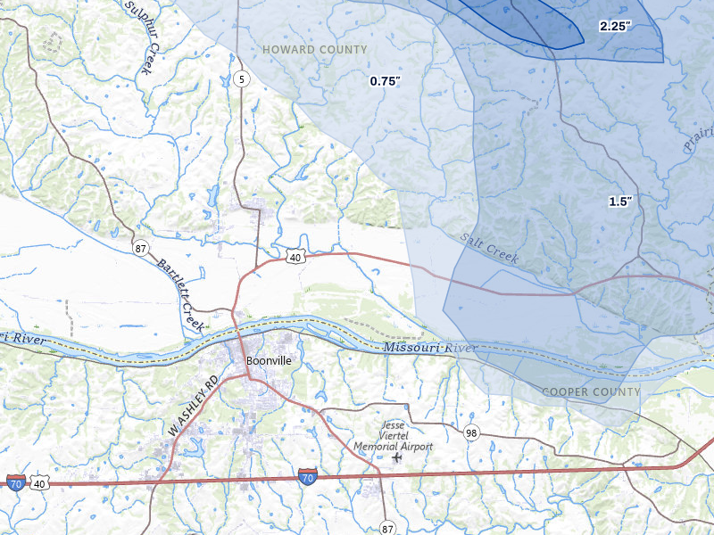 NEXRAD radar-signature map of the hail storm over New Franklin, MO on May 31, 2026