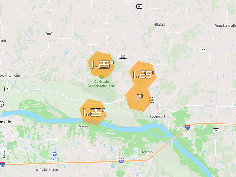 Hail map of New Franklin, MO on Jun 1, 2026, hail up to 1.25"