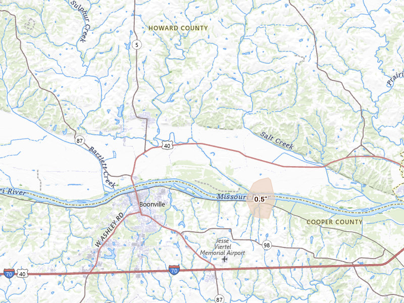 Radar-estimated hail-size map of the storm over New Franklin, MO on Jul 5, 2026
