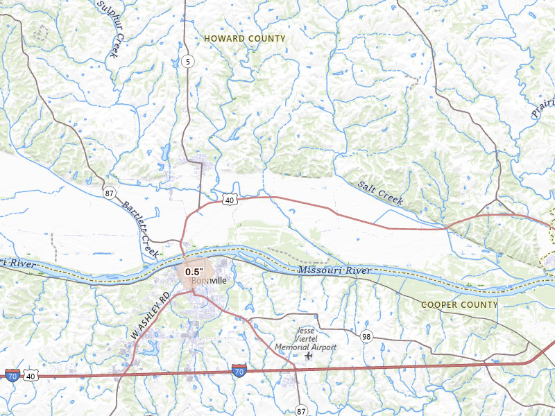 Radar-estimated hail-size map of the storm over New Franklin, MO on Aug 5, 2026