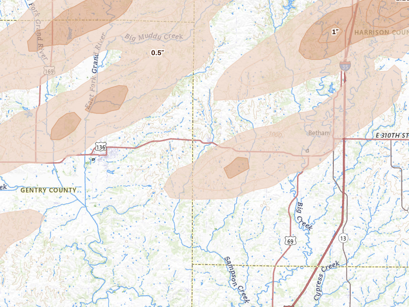Radar-estimated hail-size map of the storm over New Hampton, MO on Apr 17, 2026