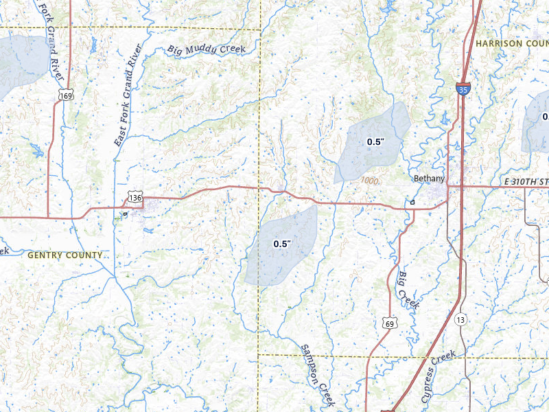 NEXRAD radar-signature map of the hail over New Hampton, MO