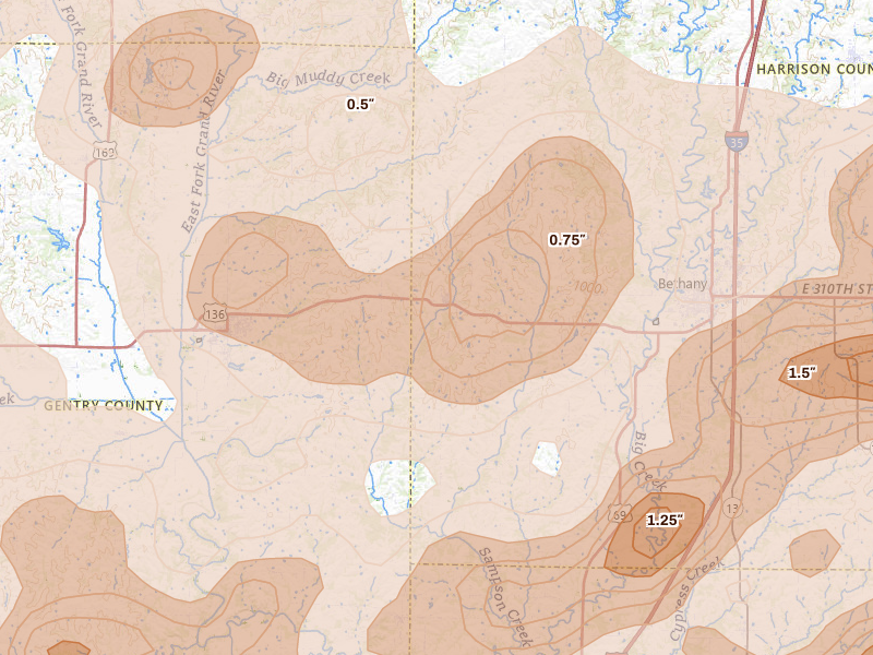 Radar-estimated hail-size map of the storm over New Hampton, MO on May 16, 2026