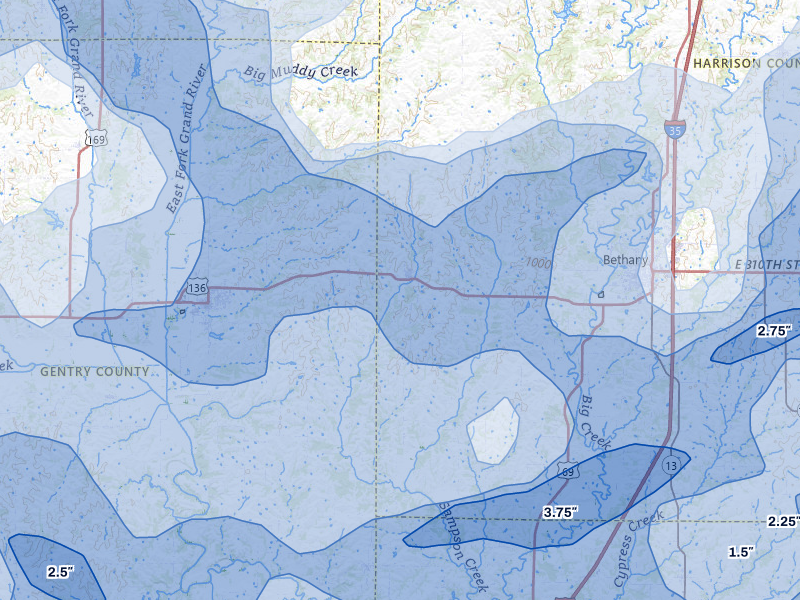 NEXRAD radar-signature map of the hail storm over New Hampton, MO on May 16, 2026