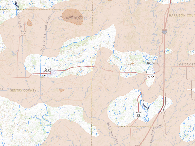 Radar-estimated hail-size map of the storm over New Hampton, MO on Jun 10, 2026