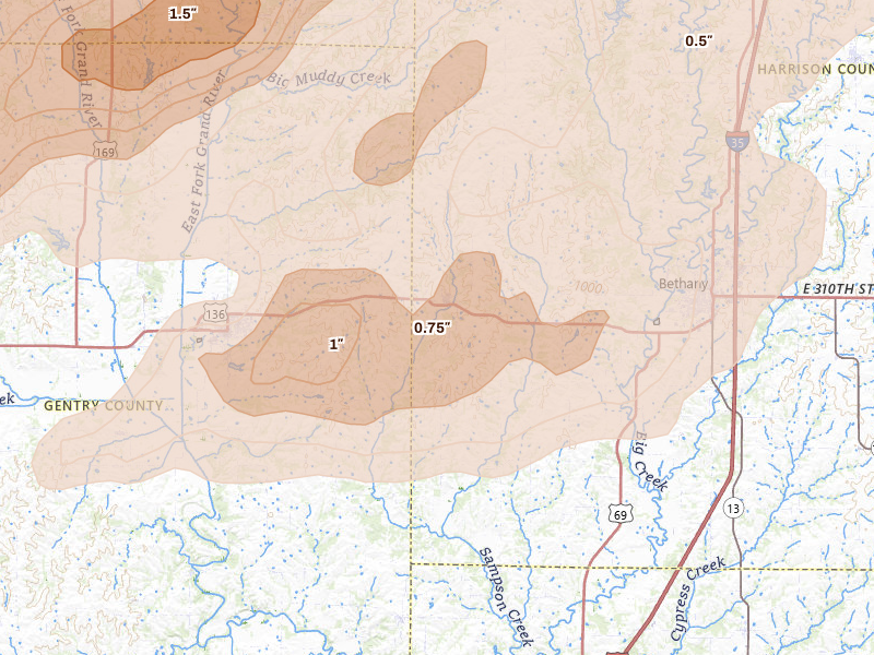 Radar-estimated hail-size map of the storm over New Hampton, MO on Jun 11, 2026
