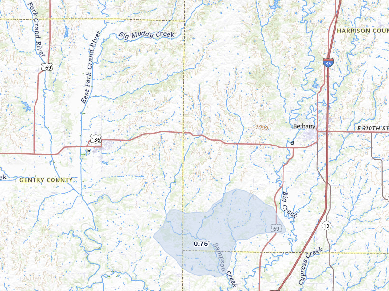 NEXRAD radar-signature map of the hail storm over New Hampton, MO on Jul 10, 2026