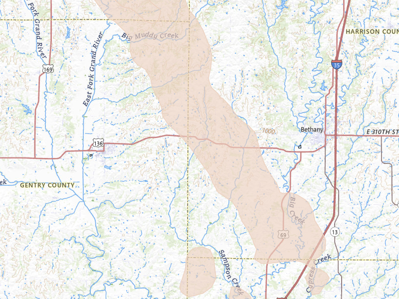 Radar-estimated hail-size map of the storm over New Hampton, MO on Jul 20, 2026