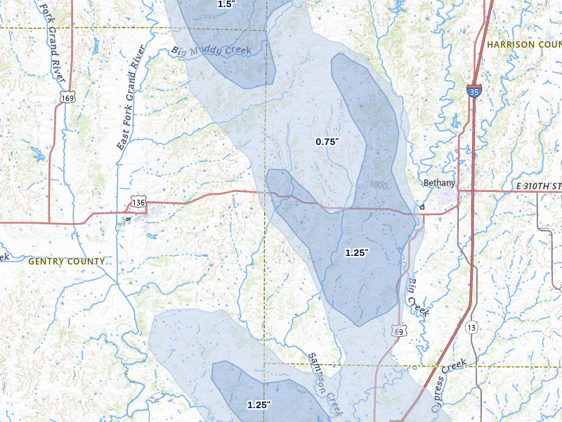 NEXRAD radar-signature map of the hail storm over New Hampton, MO on Jul 20, 2026