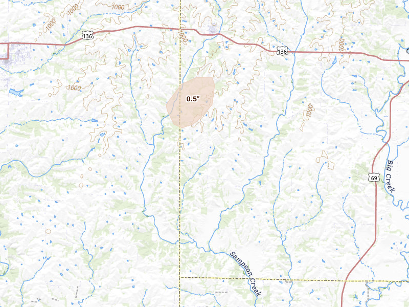Radar-estimated hail-size map of the storm over New Hampton, MO on Aug 4, 2026