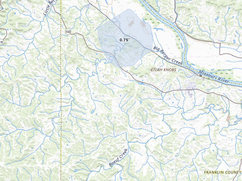 NEXRAD radar-signature map of the hail storm over New Haven, MO on May 15, 2026