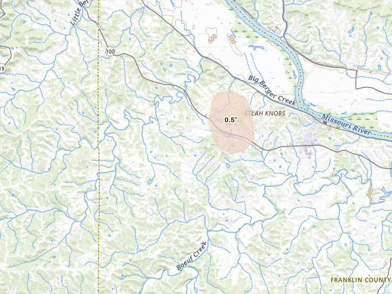 Radar-estimated hail-size map of the storm over New Haven, MO on Aug 5, 2026