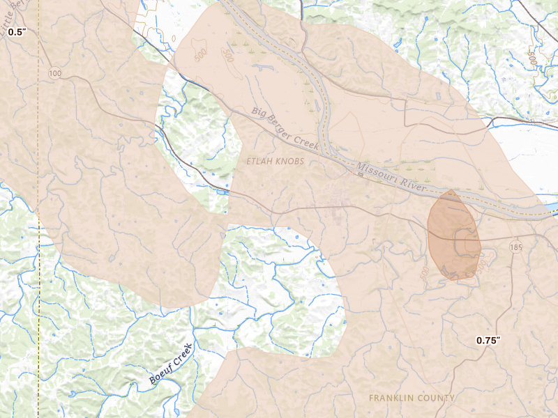 Radar-estimated hail-size map of the storm over New Haven, MO on Aug 12, 2026