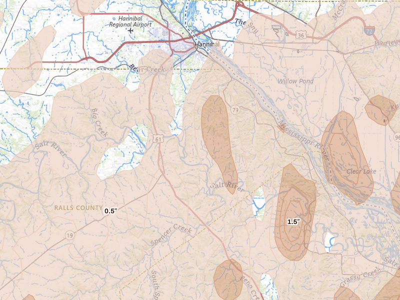 Radar-estimated hail-size map of the storm over New London, MO on Apr 27, 2026